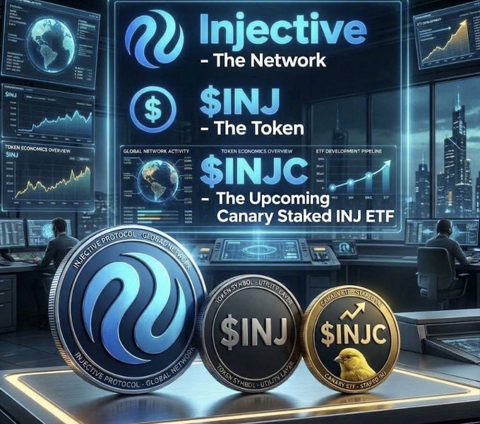 A promotional graphic for the Injective blockchain, featuring coins labeled '$INJ The Token' and '$INJC The Upcoming Canary Staked INJ ETF' against a backdrop of trading monitors displaying tokenomics and ETF development pipeline charts.