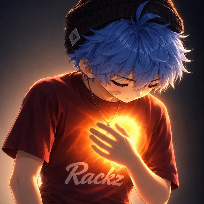 An anime-style illustration of a young male character with blue hair wearing a black beanie and a red t-shirt with "Rackz" written on it, holding his hand over his chest which glows with a bright yellow-orange light.
