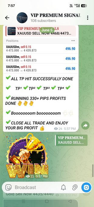 The image shows a screen from an app, possibly Telegram or another messaging platform, displaying some financial information about trading free gold coins like Bitcoin. The post mentions a trading signal related to the cryptocurrency exchange Forex, with some information regarding positions and trading profits.