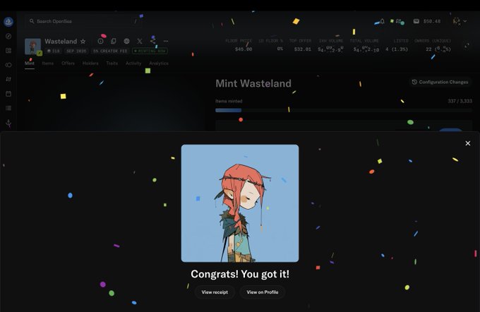 A screenshot from the OpenSea platform showing a 'Congrats! You got it!' message with a cartoon character NFT, above an interface for 'Mint Wasteland' showing a floor price of $45.66.