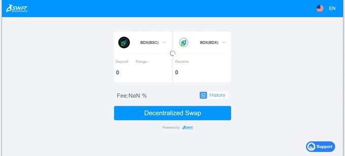 A SWFT Blockchain decentralized swap interface for exchanging BDX(BSC) to BDX(BDX) tokens, showing deposit and receive amounts set to 0.