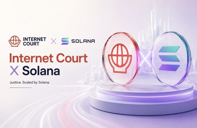 A promotional banner for 'Internet Court X Solana' with the tagline 'Justice. Scaled by Solana,' featuring 3D coin graphics with the Internet Court and Solana logos.