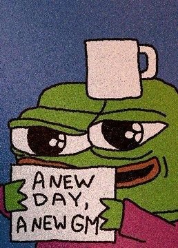 A cartoon Pepe the Frog meme holding a piece of paper with the text 'A NEW DAY, A NEW GM' against a dark blue background.