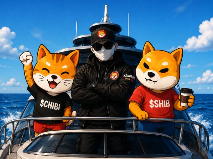 A masked figure in a black hoodie with a Shiba Inu logo stands between two anthropomorphic Shiba mascots—one wearing a "$CHIBI" shirt and the other "$SHIB"—on a yacht at sea. It visually promotes the $CHIBI meme coin alongside its inspiration $SHIB, matching the poster's casual endorsement of aping into $CHIBI based on a friend's recommendation.