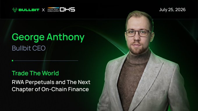A promotional banner featuring George Anthony, Bullbit CEO, announcing 'Trade The World: RWA Perpetuals and The Next Chapter of On-Chain Finance' at the Digital Asset Royal Summit on July 25, 2026.