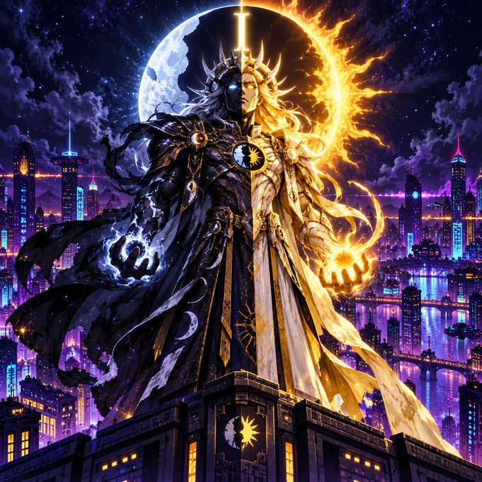 A dramatic fantasy illustration depicting a dual-natured figure split between dark/cool and golden/fire elements, standing before a moon and sun with a cyberpunk cityscape below.