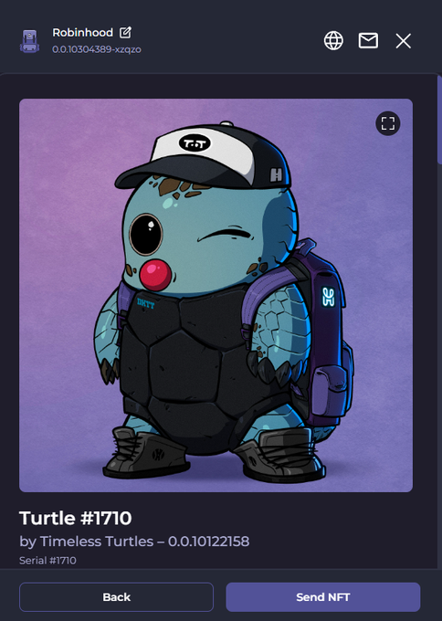 An NFT profile page for 'Robinhood' wallet (0.01304389-xzqzo) displaying 'Turtle #1710' by Timeless Turtles, priced at 0.010122158, featuring a cartoon turtle wearing a cap and tactical vest.