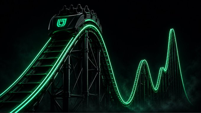 A 3D digital rendering depicts a roller coaster track glowing with bright green neon lights against a dark, foggy background.