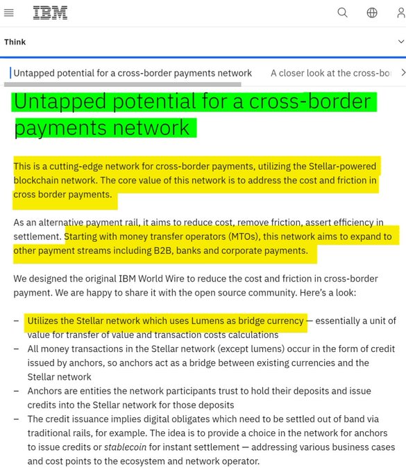 The image shows an article about cross-border payments written by IBM. The text of the article is green, which stands out against a white background. The main points of the article are related to the concept of utilizing Stellar x as a bridge currency for MTO's and B2B payments. This idea involves using Stellar x as a means to facilitate faster and more efficient cross-border transactions by leveraging its unique features such as low transaction costs, fast settlement times, and secure tokenization capabilities. The article also discusses alternative payment rail solutions that can be used in conjunction with the use of Stellar x for better cross-border payments management.