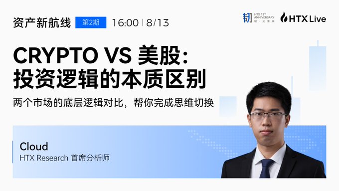 A promotional graphic for Huobi HTX's "New Asset Routes" Episode 2, featuring HTX Research Chief Analyst "Cloud," announcing a 16:00 session on 8/13 comparing the underlying investment logics of Crypto versus US stocks. The image directly supports the post's theme of switching mindsets between the two markets, with text highlighting the contrasting trading rules and investment approaches.