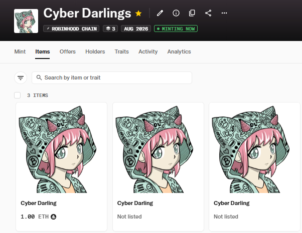 Screenshot from the OpenSea NFT marketplace showing the 'Cyber Darlings' collection on the Robinhood Chain with three identical 'Cyber Darling' NFT items displayed.