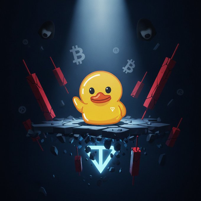 A glowing yellow rubber duck stands defiantly on a cracked stone platform, surrounded by shattered red candlestick charts symbolizing a market crash, with Bitcoin symbols floating in the dark background. Below the platform, a glowing "T" logo emerges from the rubble, representing TON, while the duck's small chest emblem mirrors the same "T" — visually reinforcing the post's message that $UTYA is holding strong while majors like TON and Bitcoin capitulate.
