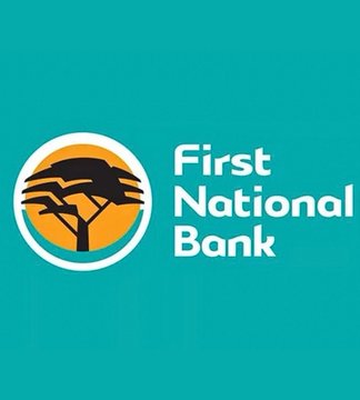 The image shows the First National Bank logo, featuring a stylized acacia tree silhouette within an orange circle, alongside the bank's name in white text on a teal background—representing the South African financial institution now offering Bitcoin and crypto trading through its platform.