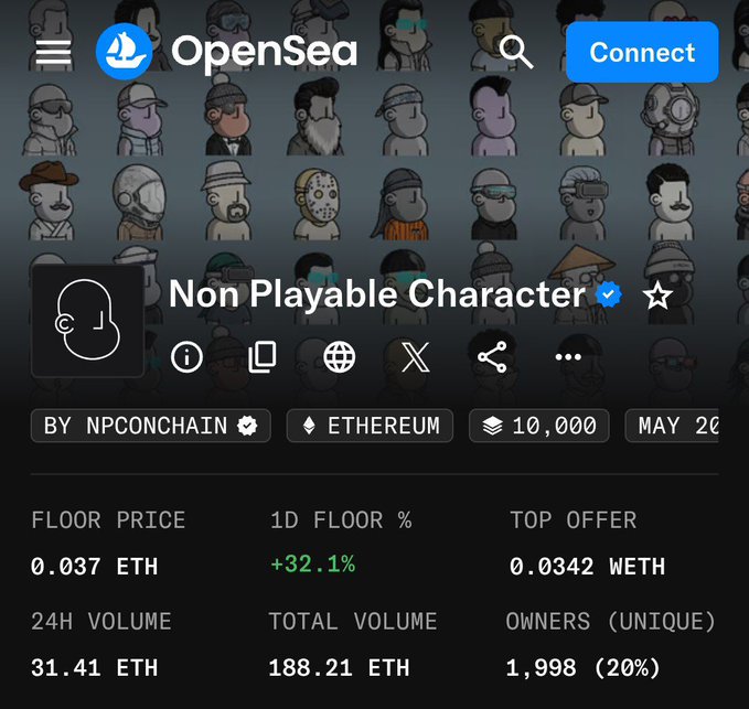 The image shows an opensea page featuring a graphic of a non-playable character (NPC) collection and their price action over time across various fiat currencies like Ether, Bitcoin, Litecoin, Ripple, and others. The art is very detailed with small characters that resemble people in the scene. The post suggests that some NPCs are gaining significant traction due to the unique art style and the popularity of these cryptocurrencies or tokens. The post also indicates a link between the art value and how much people are willing to pay for it, which can help understand the popularity of specific non-playable characters within this collection.