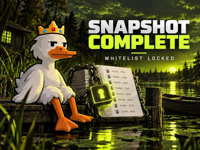 A cartoon duck wearing a gold crown sits on a wooden dock next to a chained padlock with a whitelist of crypto addresses, advertising 'SNAPSHOT COMPLETE - WHITELIST LOCKED'.