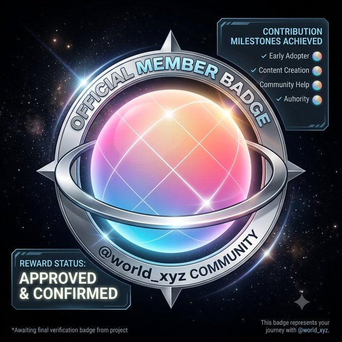 An official member badge for the @world_xyz community featuring a glowing iridescent sphere against a starry space background, with status panels indicating 'REWARD STATUS: APPROVED & CONFIRMED' and contribution milestones including Early Adopter, Content Creation, Community Help, and Authority.