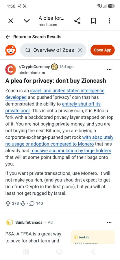 A Reddit post from r/CryptoCurrency titled 'A plea for privacy: don't buy Zioncash' warning that Zcash is allegedly developed by Israeli and US intelligence, advising users to use Monero instead for private transactions.