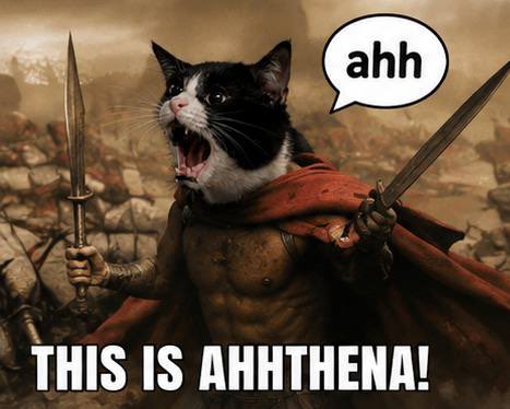 A meme featuring a tuxedo cat's head photoshopped onto a Spartan warrior's body, with the cat screaming "ahh" in a speech bubble and bold text reading "THIS IS AHHTHENA!"—playfully branding the $AHHH token's mascot as a battle-ready feline warrior to promote the new meme generator at ahhhhcat.com.