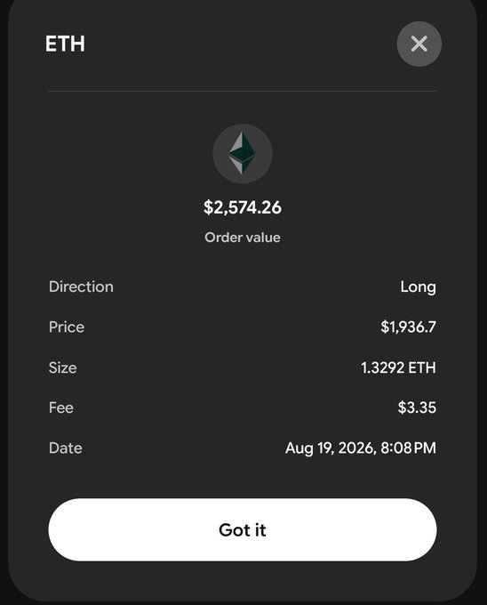 A mobile app screen displays an ETH trade confirmation with an order value of $2,574.26, showing a Long position at a price of $1,936.7 for a size of 1.3292 ETH on Aug 19, 2026.