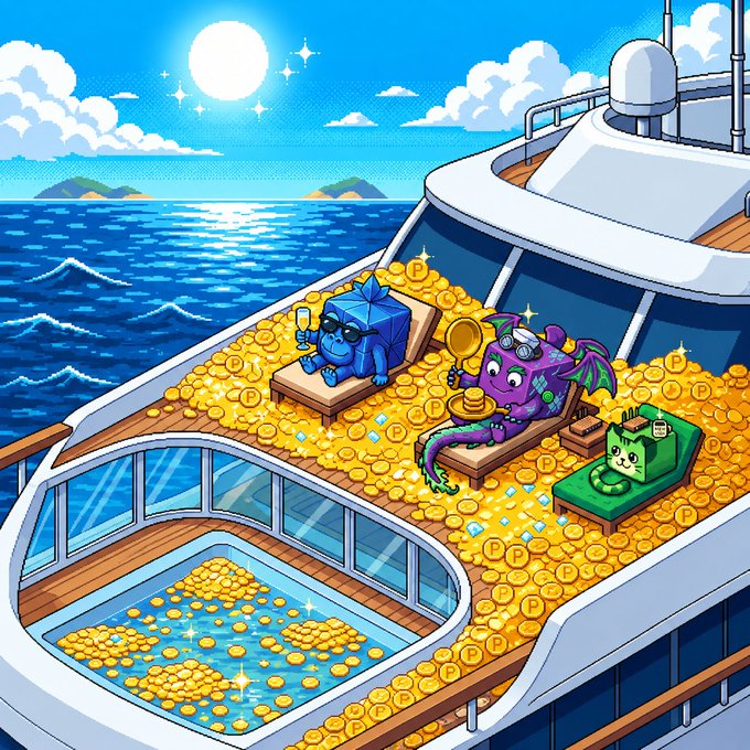 A cartoon illustration of characters relaxing on a yacht deck covered in gold coins, with a pool full of coins below.