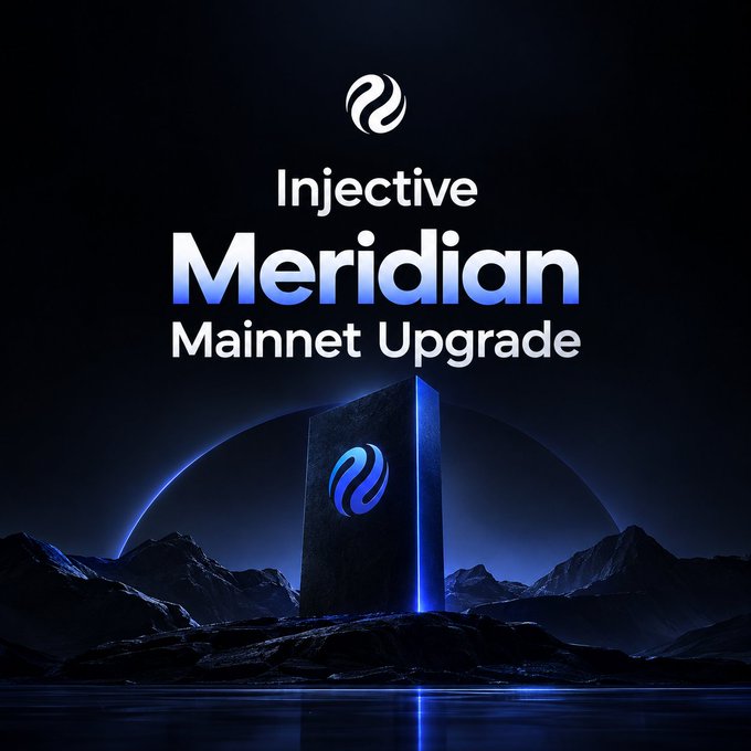 A promotional graphic for the "Injective Meridian Mainnet Upgrade," showing a dark, futuristic monolith with the Injective logo glowing blue against a mountainous background.