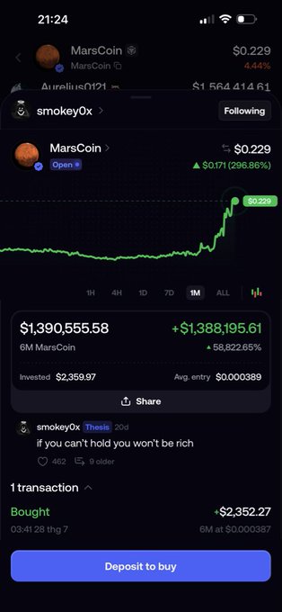 A screenshot from a trading app displays a MarsCoin position showing a massive +58,822.65% gain, with a 6M token holding worth $1,390,555.58 from a $2,359.97 investment, alongside a quote tweet from @smokey0x saying "if you can't hold you won't be rich," illustrating the poster's amazement at traders who held for an extraordinary x600 multiplier while their own best gains only reached x30-x50.
