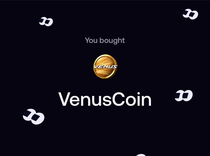 The image shows a purchase confirmation screen with the text "You bought VenusCoin," featuring a gold coin displaying the word "VENUS" as its logo. It relates to the accompanying post by confirming a transaction of VenusCoin, suggesting the user just received the cryptocurrency being gifted in the promotional giveaway.