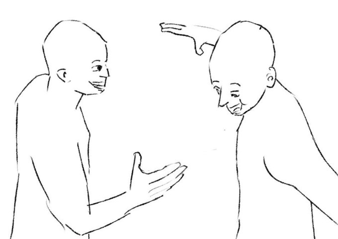 A simple line drawing showing two bald figures facing each other, with one appearing to pat or reach toward the other's head.