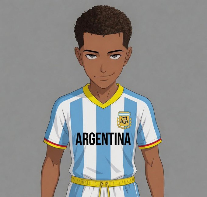 An anime-style illustration of a young man with curly brown hair wearing the light blue and white striped Argentina national football team jersey with yellow trim and the AFA crest.