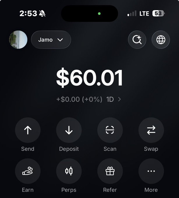 A mobile app screen showing a balance of $60.01 for an account labeled "Jamo" with options including Send, Deposit, Scan, Swap, Earn, Perps, and Refer.