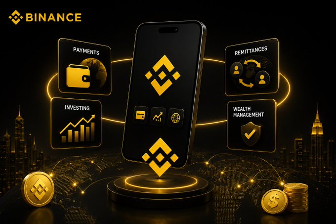 Binance advertisement featuring a smartphone on a glowing platform surrounded by icons for Payments, Remittances, Investing, and Wealth Management services.