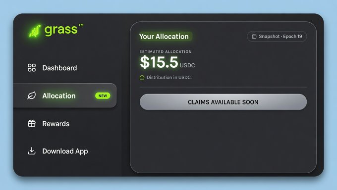 A screenshot of the Grass app's Allocation dashboard showing an estimated allocation of $15.5 USDC from Snapshot Epoch 19, with a "Claims Available Soon" button displayed. The image confirms the post's announcement about the Grass Stage 2 Allocation Checker being live, showing that rewards are paid in USDC rather than $GRASS tokens, with the "NEW" tag on the Allocation tab indicating this is a recently added feature for users to view their Stage 2 rewards.