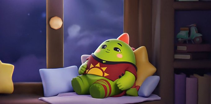 A 3D-rendered green cartoon character with pink ears sits on a window seat at night, wearing a red shirt with a yellow sun design.