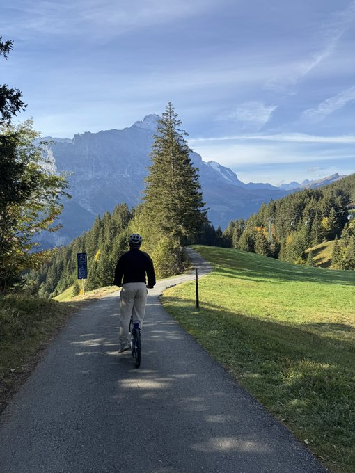 A person wearing a helmet rides a bicycle down a paved mountain path surrounded by pine trees, with dramatic mountain peaks visible in the distance under a blue sky.