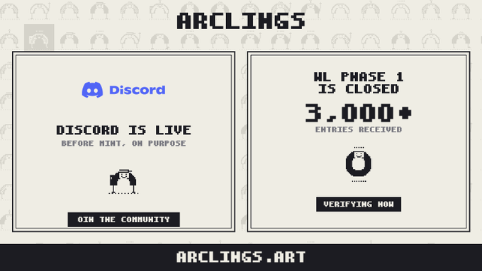 A pixel-art announcement from Arclings NFT featuring two panels: one announcing "DISCORD IS LIVE — BEFORE MINT, ON PURPOSE" with a "JOIN THE COMMUNITY" button, and another declaring "WL PHASE 1 IS CLOSED — 3,000+ ENTRIES RECEIVED" with a "VERIFYING NOW" button. The image visually reinforces the post's update about the Discord launch preceding the mint and the closure of whitelist phase 1 with over 3,000 entries being verified.