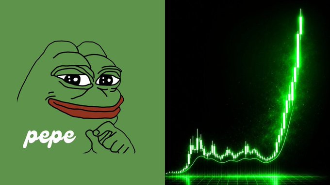 The image shows the Pepe the Frog meme character alongside a dramatic green candlestick chart displaying a sharp upward spike, illustrating the post's claim that $PEPE allegedly surged 37,887% and briefly surpassed Dogecoin in market cap. The chart's vertical climb visually represents the reported explosive price movement.