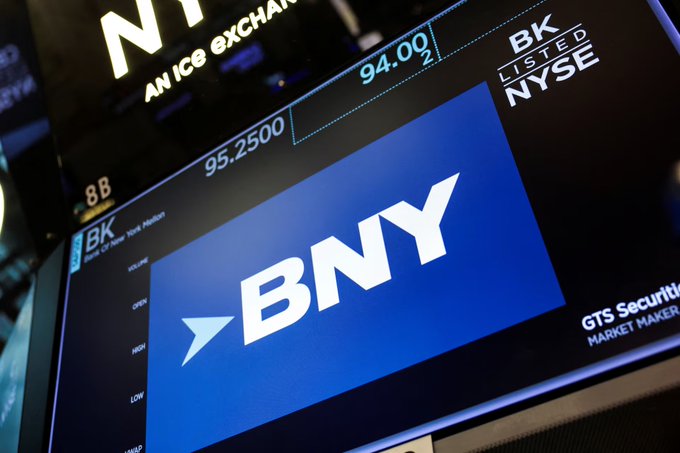 A digital stock ticker display shows 'BK LISTED NYSE' and the 'BNY' (Bank of New York) logo with prices like 95.2500 and 94.00.
