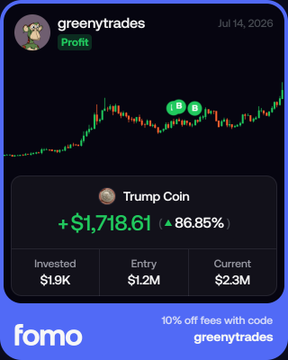 A trading screenshot from "greenytrades" (dated Jul 14, 2026) shows a profitable position in Trump Coin with a gain of +$1,718.61 (86.85%), having invested $1.9K with a current value of $2.3M, aligning with the post's message of bouncing back from recent losses and featuring a promo code "greenytrades" for 10% off fees on fomo.