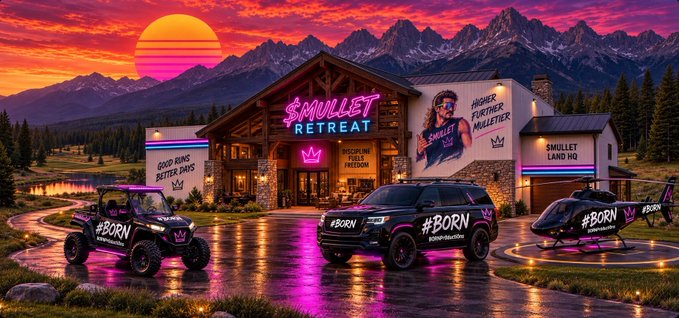 A vibrant digital artwork depicts 'Smullet Retreat,' featuring a lodge at sunset surrounded by branded vehicles including an ATV, Range Rover, and helicopter with '#BORN' and crown logos.