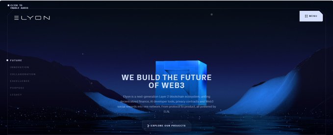 A website screenshot for 'ELYON' with the tagline 'WE BUILD THE FUTURE OF WEB3', featuring a dark blue background with abstract mountain imagery and a 3D blue cube.