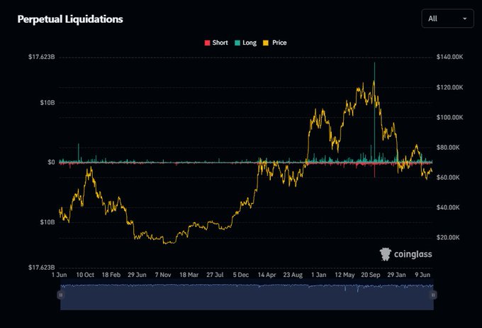 A financial chart titled 'Perpetual Liquidations' from coinglass, displaying short and long liquidations along with price fluctuations ranging from $20.00K to $140.00K over a year-long period.