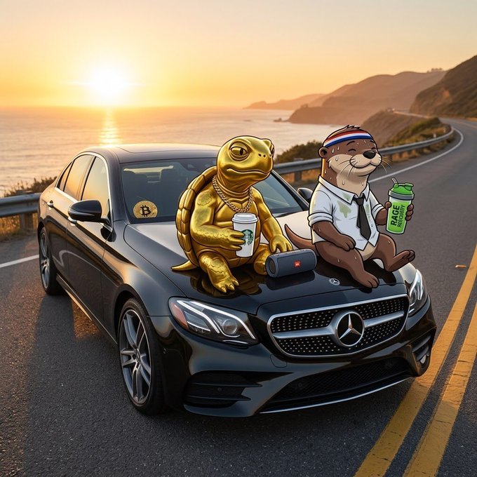 An AI-generated whimsical scene featuring a golden turtle and an otter in a headband and tie sitting on the hood of a black Mercedes, holding Starbucks coffee cups along a coastal highway at sunset.