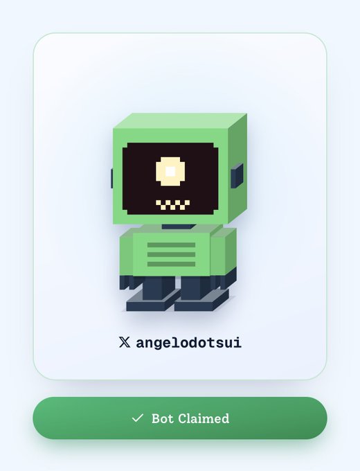 A green pixel-art bot is displayed on a profile card with the X handle “angelodotsui.” The bottom button reads “✓ Bot Claimed,” indicating the accompanying post’s successful mint of a @conso_xyz bot and raffle entry with all five tickets.