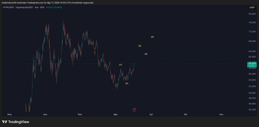 A TradingView 4-hour chart of HYPE/USDT showing Elliott Wave count labels (1, 2, 3, 4, 5) projected upward from the current price near $59.69, with a circled entry point around $55,900, illustrating the analyst's bullish wave-based forecast that aligns with the post's claim that the hype analysis is working.