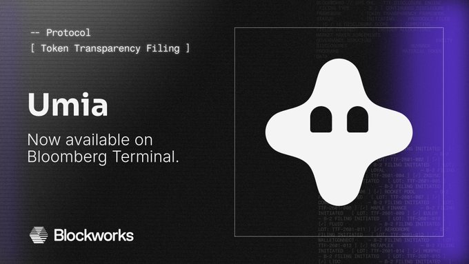 A dark promotional graphic featuring the Blockworks and Umia logos, with text announcing "Umia — Now available on Bloomberg Terminal" under the heading "Protocol Token Transparency Filing," visually reinforcing the partnership announcement about bringing trust and transparency to tokens.