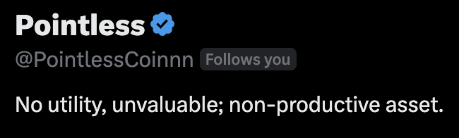 The image shows a Twitter/X profile for "Pointless" (@PointlessCoinnn) with a verified blue checkmark, displaying the bio: "No utility, unvaluable; non-productive asset." This irreverent self-description aligns with the accompanying post promoting the $POINTLESS ticker and updates about the project, embracing the brand's humorous, no-frills meme coin identity.
