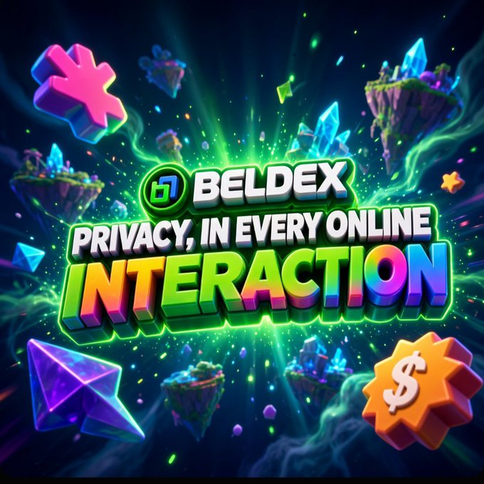 A vibrant, colorful digital advertisement for 'BELDEX' featuring the text 'PRIVACY, IN EVERY ONLINE INTERACTION' with floating cryptocurrency symbols and gems.
