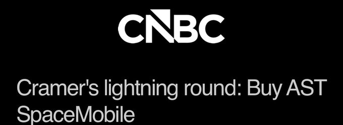 A CNBC news graphic with black background and white text reading 'Cramer's lightning round: Buy AST SpaceMobile'.
