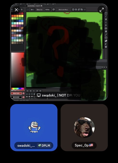 Screenshot of an iPad drawing app showing a green canvas with a dark red question mark, with Discord-style user avatars below for 'swadoki_ | NOT DM YOU' and 'Spec_Op'.