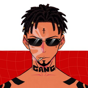 A digital illustration depicts a man with dreadlocks, sunglasses, a cross tattoo, and a 'GANG' neck tattoo, smoking a cigarette against a red grid background.